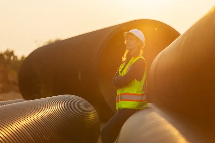 Pipeline engineer overseeing large-diameter pipes at sunset